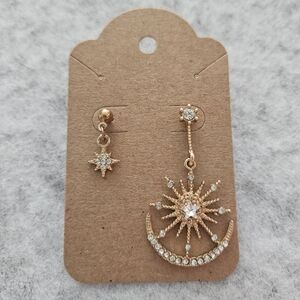 Asymmetrical Gold Tone Celestial Sun Star‎ Earrings Set With Rhinestones
